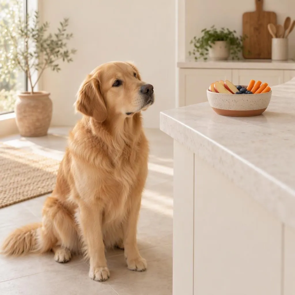 Hund schaut neugierig auf eine Schale mit Apfel, Karotten und Heidelbeeren