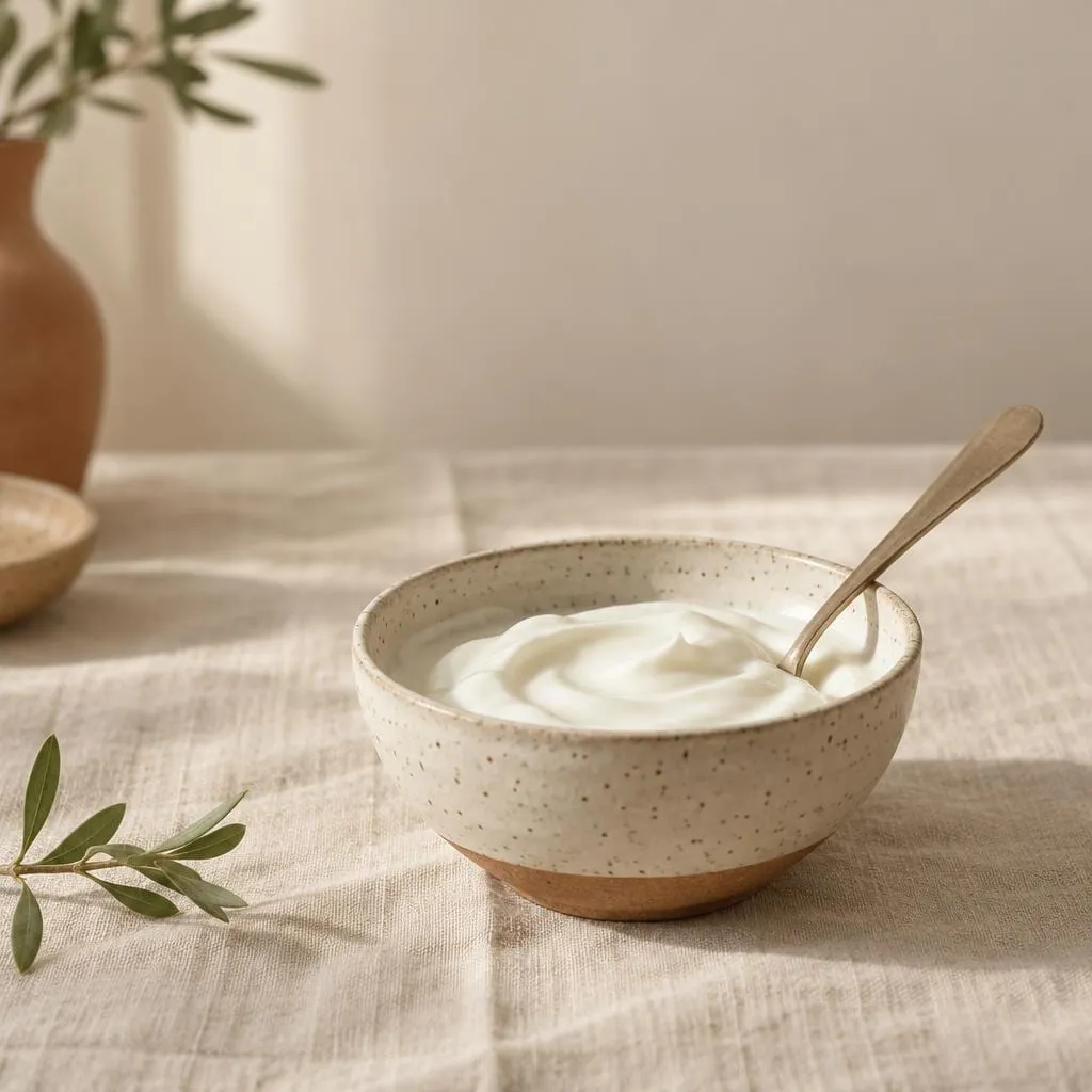 Joghurt, angerichtet in einer hellen Keramikschale
