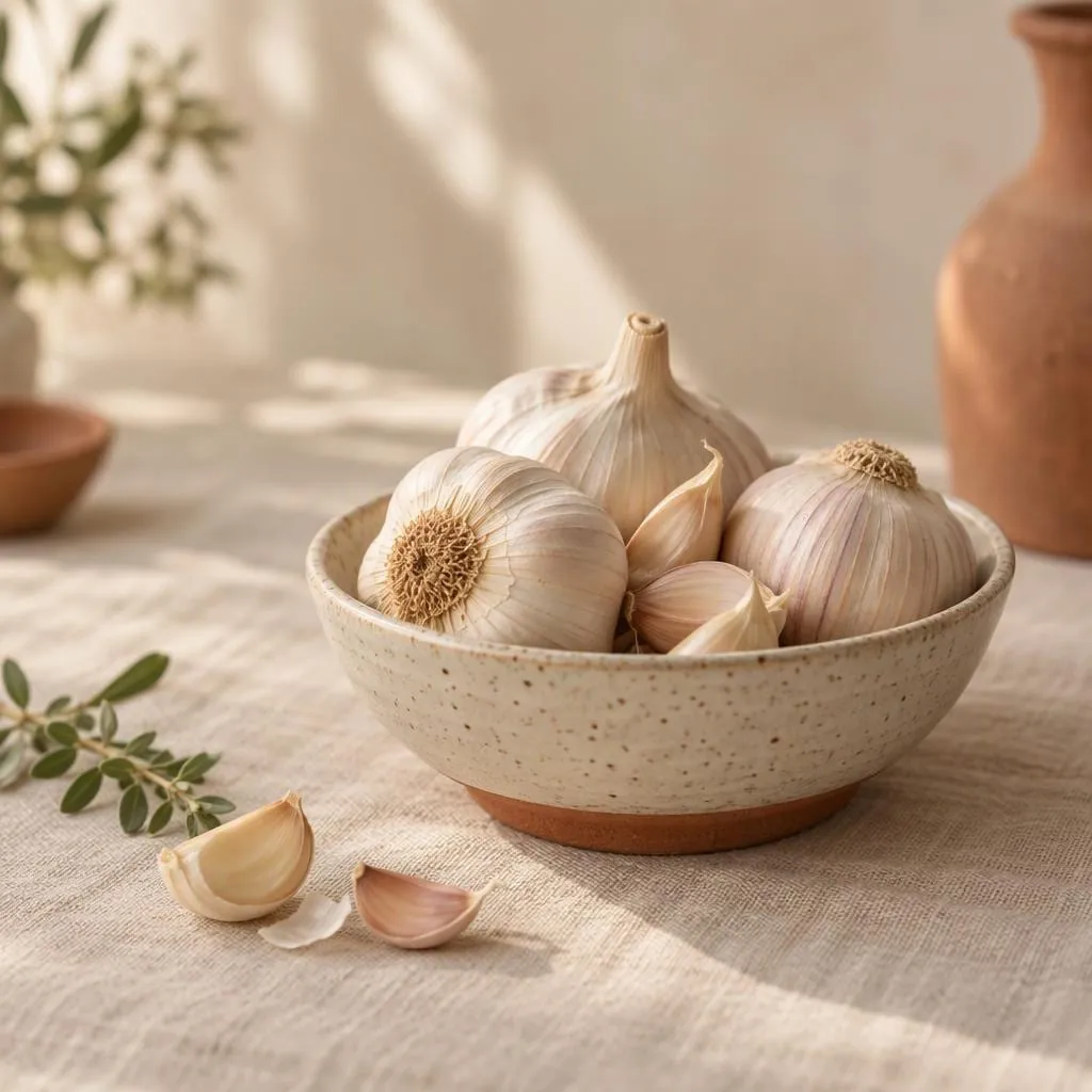 Knoblauch, angerichtet in einer hellen Keramikschale
