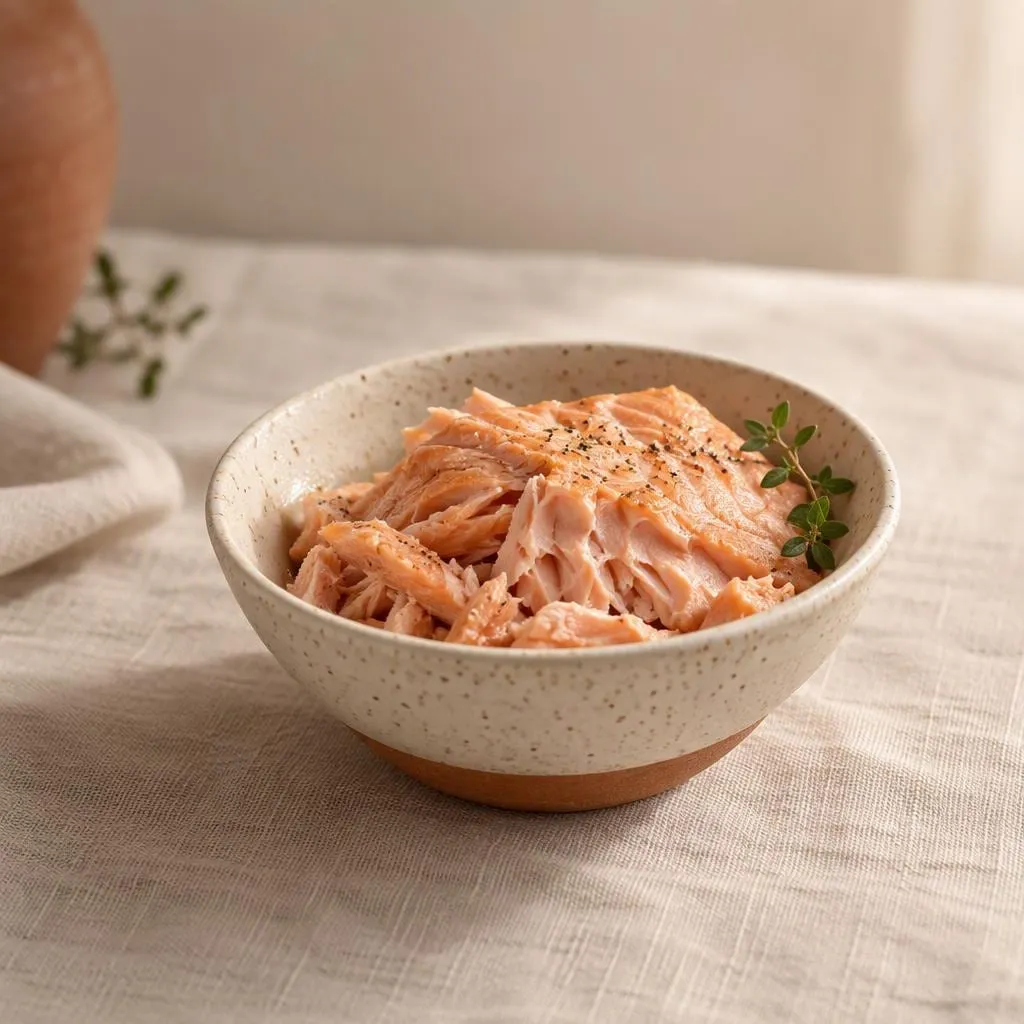 Lachs, angerichtet in einer hellen Keramikschale
