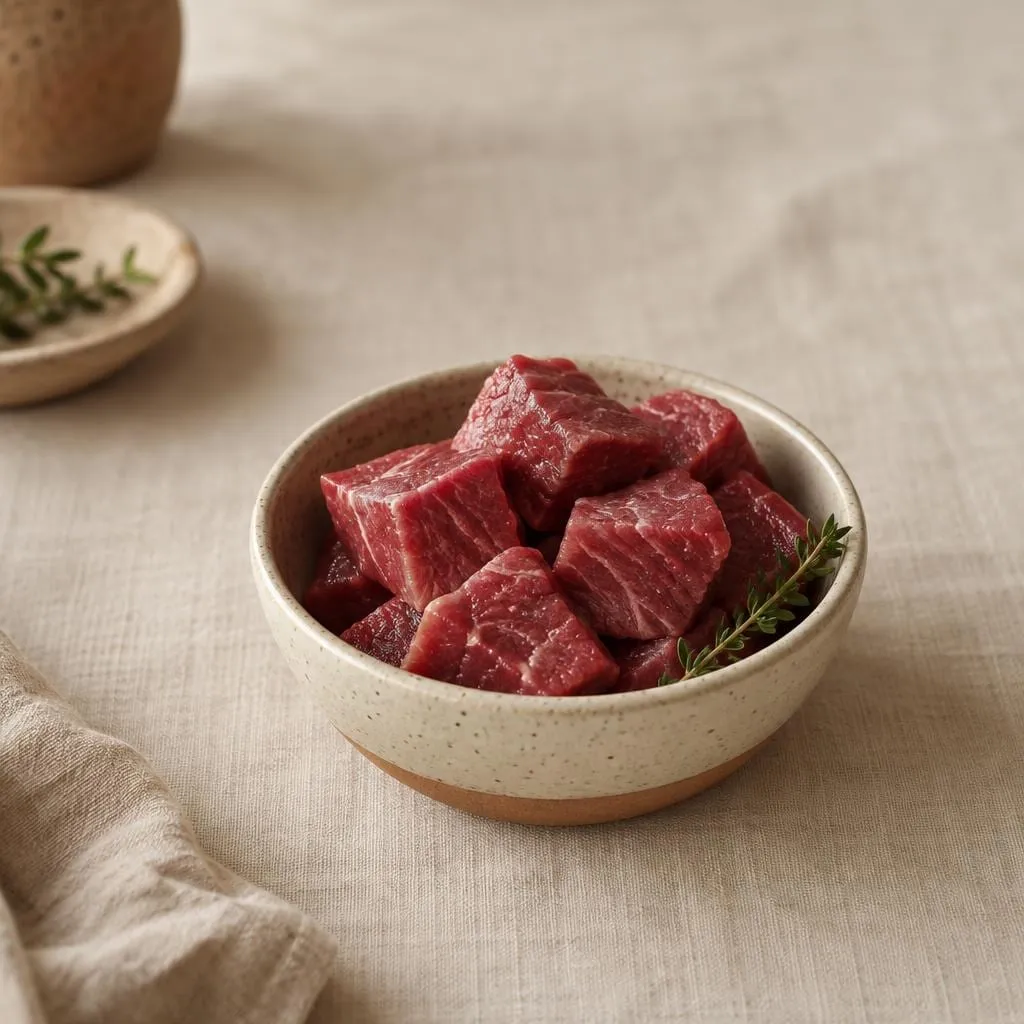 Rindfleisch, angerichtet in einer hellen Keramikschale