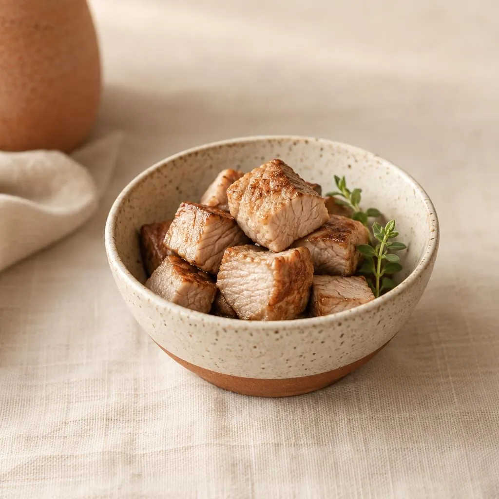 Schweinefleisch, angerichtet in einer hellen Keramikschale