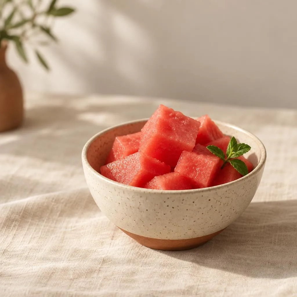 Wassermelone, angerichtet in einer hellen Keramikschale